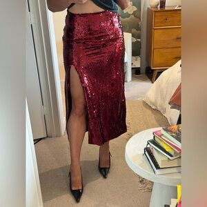 Nique Red Sequin Pencil Skirt with Slit